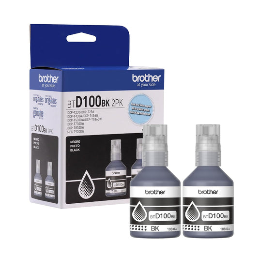 Brother Kit Botellas Tinta Negras InkBenefit Tank para Recarga BTD100BK2PK | Ultra Rendimiento 7,500 Páginas c/u, Original para multifuncionales InkBenefit Tank, Botellas Antiderrame
