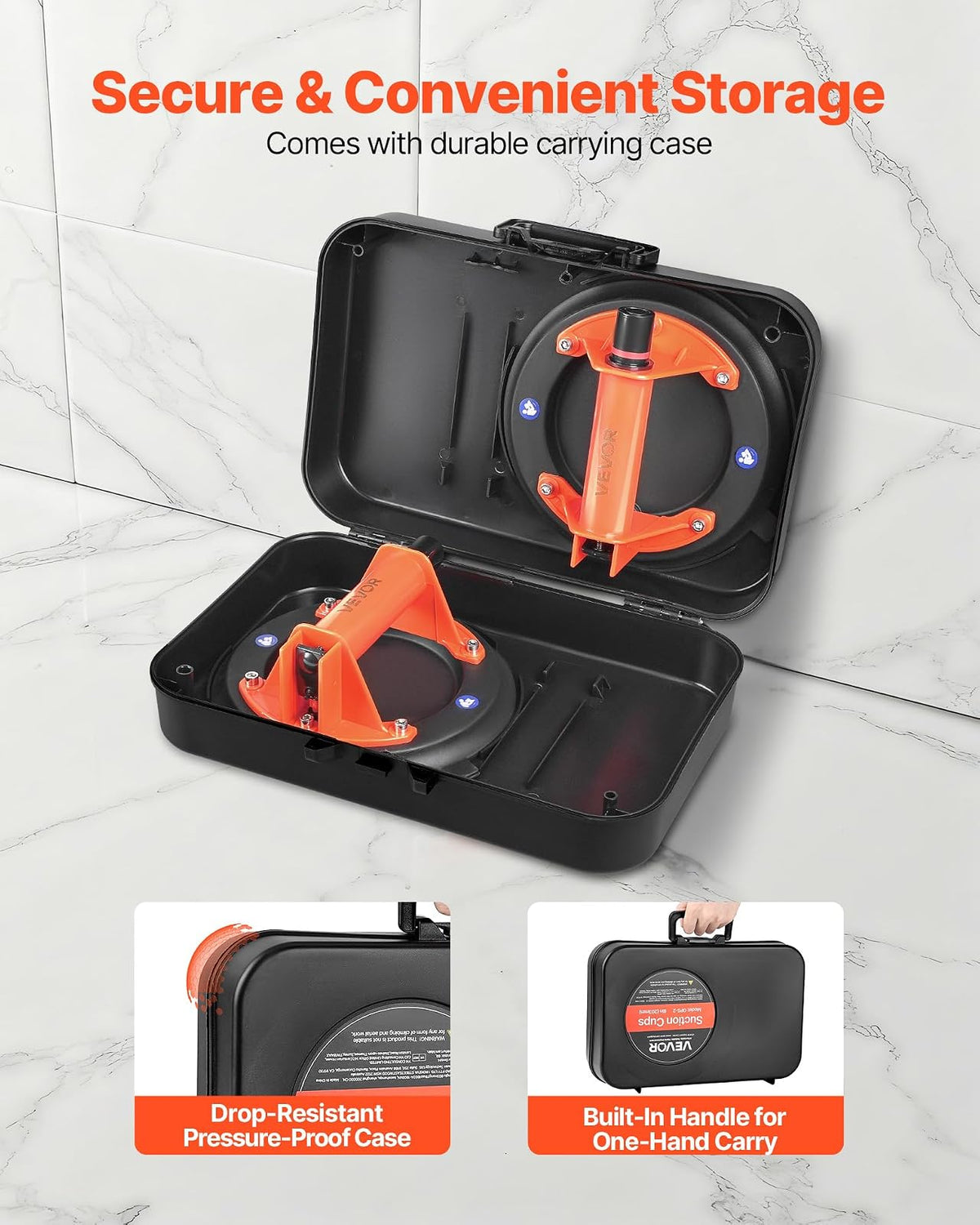 VEVOR Ventosa de Vacío Manual 203 mm 2 Piezas, Ventosa de Elevación con Caja de Herramientas, Capacidad de Carga Máx. 180 kg, Mango de Plástico ABS, Elevador de Succión para Cristal Granito Azulejos