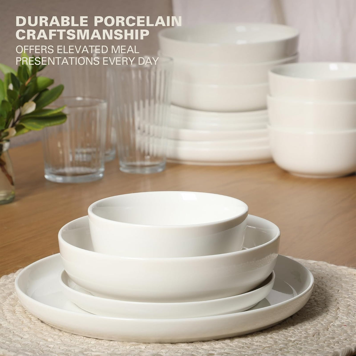 Gibson Home Oslo - Juego de vajilla de porcelana resistente a los arañazos y astillas, servicio para 4 (16 unidades), platos de cerámica y tazones, color blanco, apto para microondas y lavaplatos