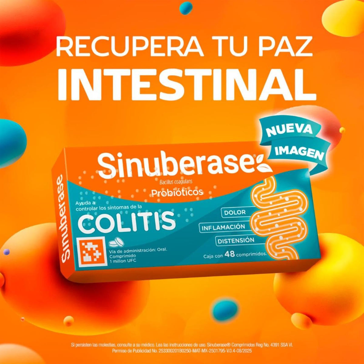 Sinuberase Probióticos Bacillus Coagulans 1 millón UFC 48 comprimidos. Alivia los Síntomas de la Colitis Desde la Raíz: Dolor, Inflamación, Distensión