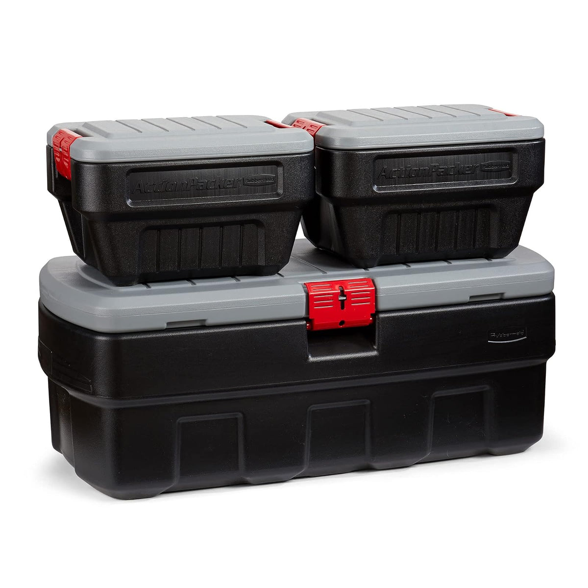 Rubbermaid ActionPacker 48 galones con contenedores de 8 galones anidados, contenedores de almacenamiento bloqueables, industriales, resistentes con tapas