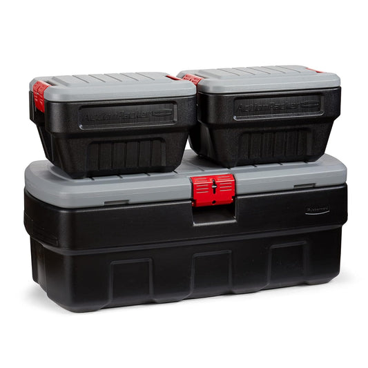 Rubbermaid ActionPacker 48 galones con contenedores de 8 galones anidados, contenedores de almacenamiento bloqueables, industriales, resistentes con tapas