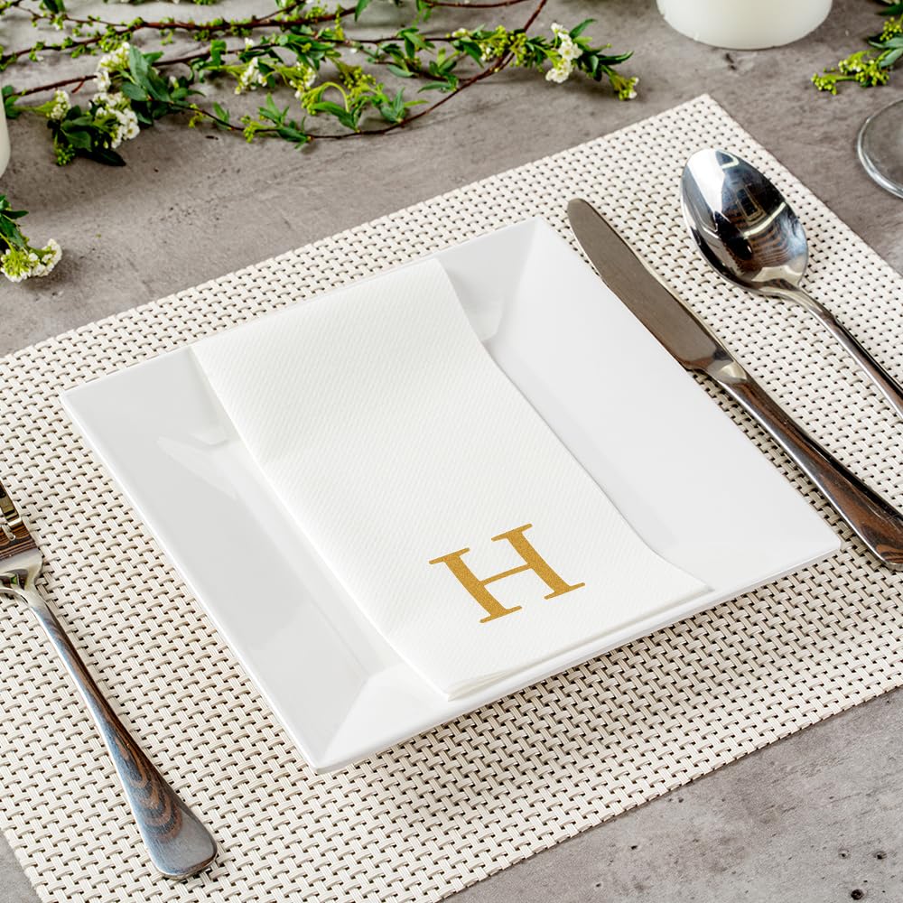 Luxenap - Toallas de lino de 15.8 x 7.9 pulgadas, 50 toallas de mano con letras - letra dorada 'H', letra Sans Serif Font, servilletas de papel blanco, airlaid, para baños y mesas, artículos de