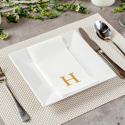 Luxenap - Toallas de lino de 15.8 x 7.9 pulgadas, 50 toallas de mano con letras - letra dorada 'H', letra Sans Serif Font, servilletas de papel blanco, airlaid, para baños y mesas, artículos de
