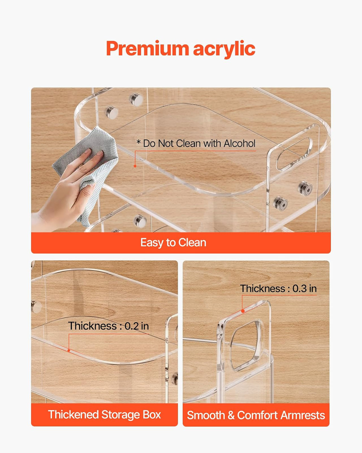VEVOR Mesa Auxiliar de Acrílico con Ruedas 30,5 x 41,6 x 48 cm, Carro de Acrílico de 2 Niveles Transparente, Mesa de Centro con Estante de Almacenamiento para Salón, Dormitorio, Bar, Oficina