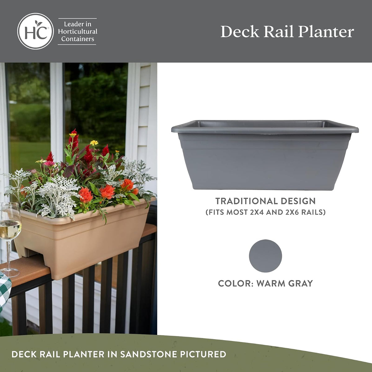 The HC Companies - Caja para macetas de 24 pulgadas con tapón de drenaje, macetas ligeras de plástico resistente a los rayos UV, 1 paquete de caja de flores para jardín, patio, balcón y cerca, gris