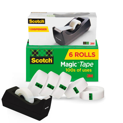 3M Scotch cinta mágica con dispensador negro, 8.63 cm x 25.4 m, 6 rollos