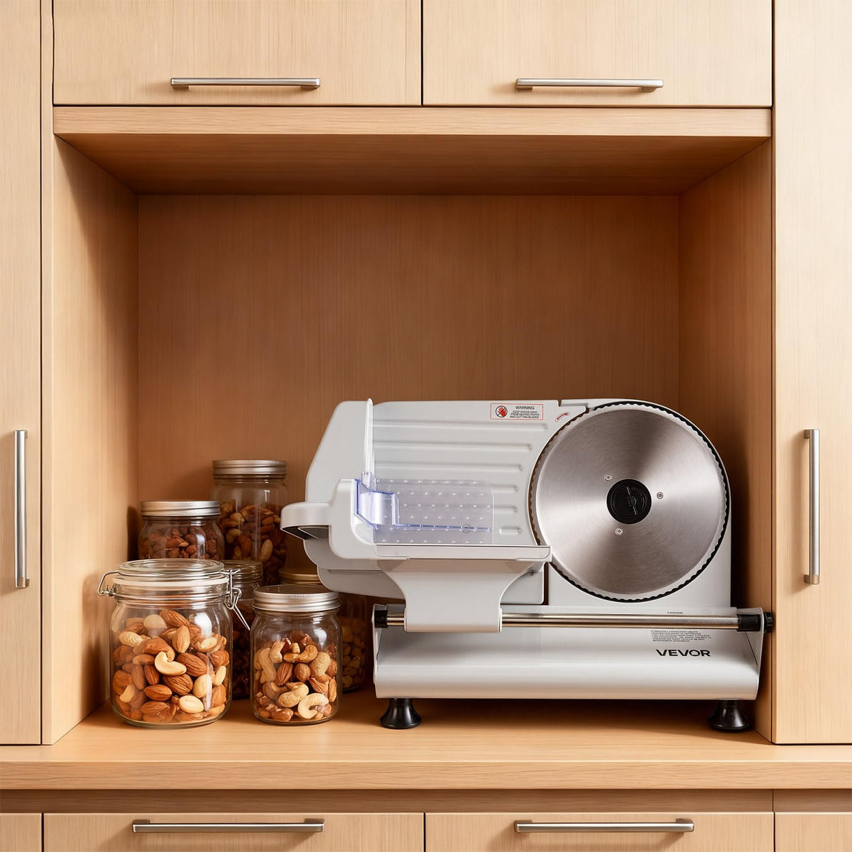 VEVOR Cortadora de carne, 8.6" eléctrica, con 2 cuchillas SUS420 y grosor ajustable de 0 a 0.6", doble bloqueo de seguridad, 200 W, para el hogar, ideal para carne congelada, jamón,baguettes y filetes