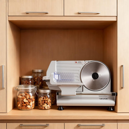 VEVOR Cortadora de carne, 8.6" eléctrica, con 2 cuchillas SUS420 y grosor ajustable de 0 a 0.6", doble bloqueo de seguridad, 200 W, para el hogar, ideal para carne congelada, jamón,baguettes y filetes
