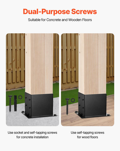 VEVOR Base para Postes de Madera 96 x 96 mm Tamaño Interior 92 x 92 mm 4 Piezas Soportes de Acero al Carbono para Postes Espesor de 2 mm para Instalaciones Fijas de Pérgolas, Barandillas, Negro