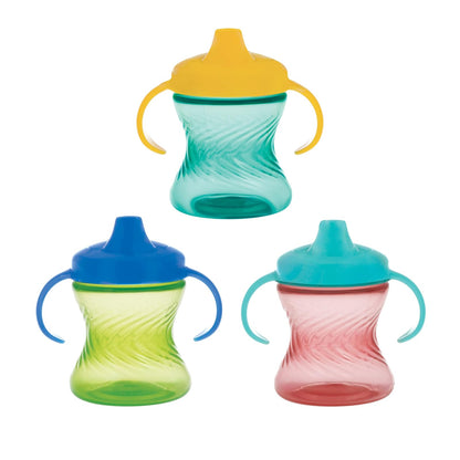Nuby - Taza para beber con boquilla dura sin derrames de 2 asas con fácil agarre, paquete de 3, 7 onzas, taza para beber con sorbos controlados durante más de 6 meses, color verde/agua/rojo
