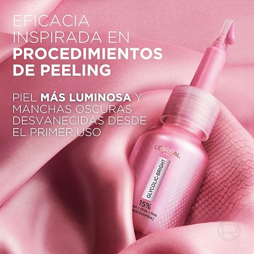 L'Oréal Paris, Glycolic Bright Peeling Exfoliante Facial Anti Manchas, Mejora la Textura y Luminosidad de la Piel, Reduce Poros Abiertos e Imperfecciones, 25 ml.
