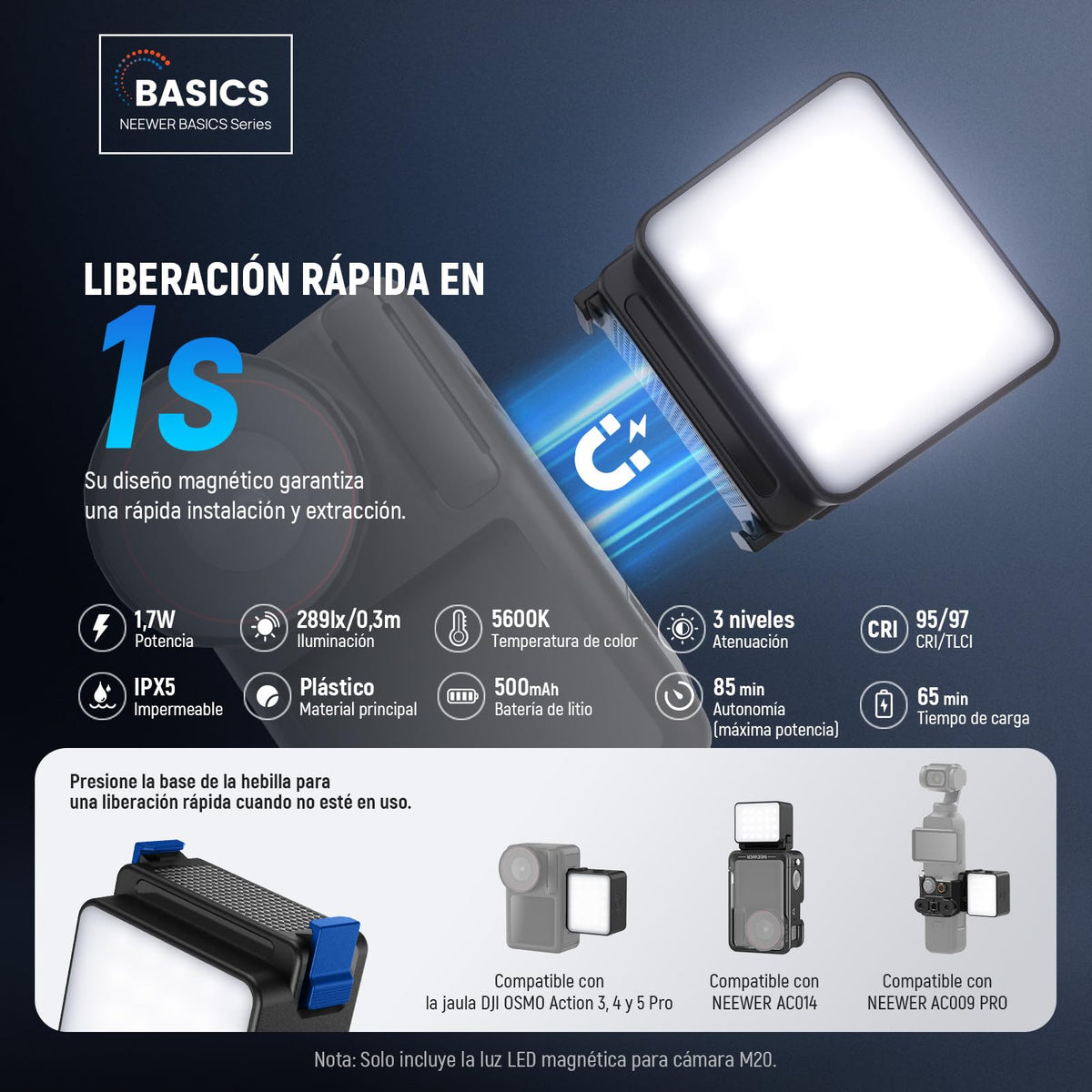 NEEWER BáSICO M20 Luz LED Magnética para Cámara Compatible con dji OSMO Action 3 4 5 Pro Cage AC009 Pro Pocket 3 Accesorios Adaptador Expansión, Mini Luz Relleno Plástico 5600K CRI95+