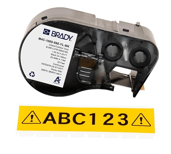 Brady Authentic(M4C-1000-595-YL-BK) Etiquetas de vinilo para todo tipo de clima, 1 pulgada de ancho x 25 pies, negro sobre amarillo