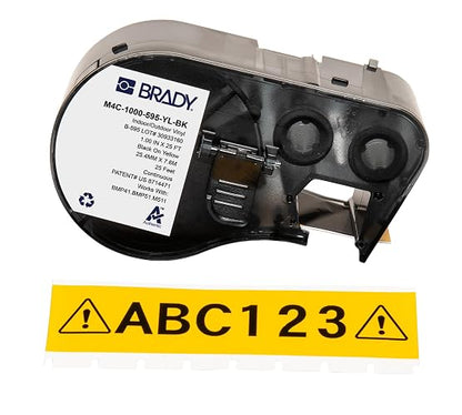 Brady Authentic(M4C-1000-595-YL-BK) Etiquetas de vinilo para todo tipo de clima, 1 pulgada de ancho x 25 pies, negro sobre amarillo