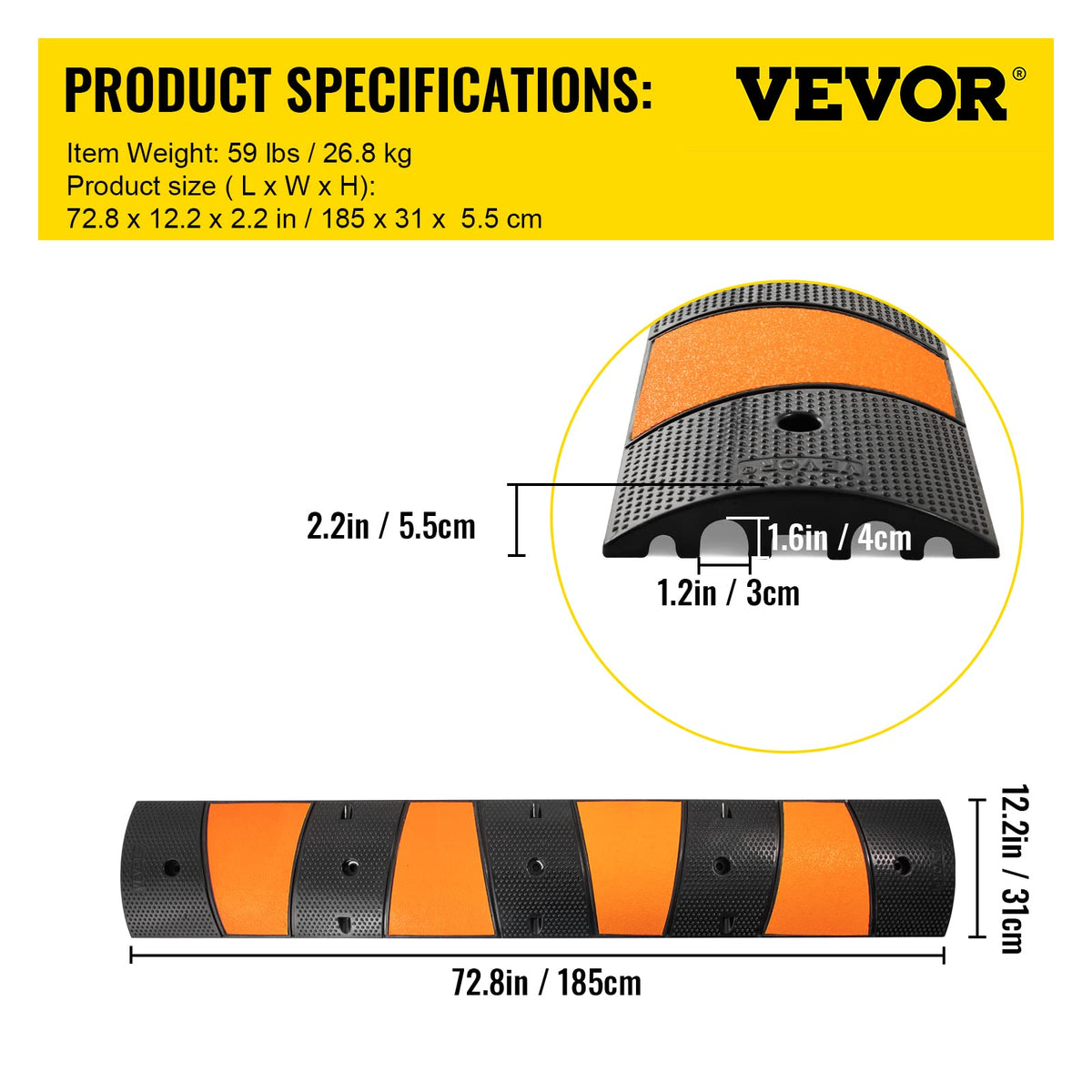 VEVOR Rampa de Protección de Cable 2 Canales Canaleta Pasacables de Suelo 3 x 4 cm Protector de Cables de Caucho y PVC Capacidad de Carga de 9980 kg Cubiertas de Suelo para Cables Negro y Amarillo