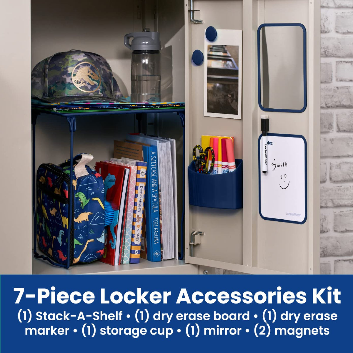 LockerMate Kit Organizador de 7 Piezas, Incluye Estante de casillero, Espejo, Pizarra Blanca, Taza de Almacenamiento y Marcador de borrado en seco, Azul Marino