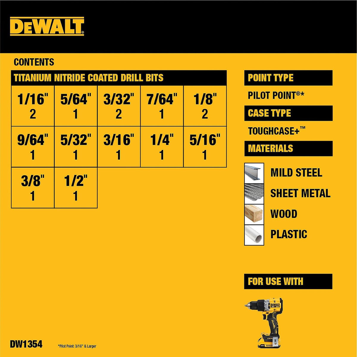 DEWALT DW1354 Juego de 14 Brocas Recubiertas de Titanio, Pilot Point