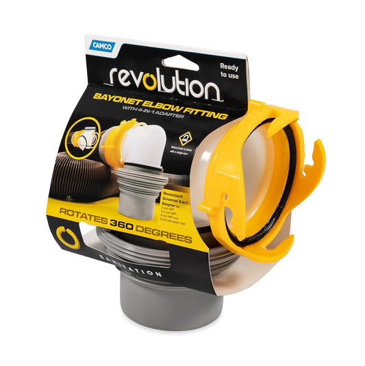 Camco Revolution RV - Codo de bayoneta para manguera de alcantarillado | Cuenta con una junta integrada para una conexión hermética al olor, un giro de 360 grados para una fácil instalación, e incluye un adaptador 4 en 1 (39471)