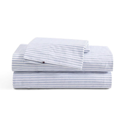 Tommy Hilfiger Juego de Sábanas 100% Percal de Algodón - Monograma Rayas Azul - Doble