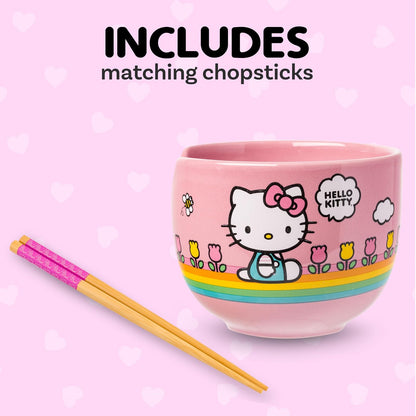 Silver Buffalo Hello Kitty Tazón de Arroz con Palillos | Rayas Arco Iris, Diseño de Flores, 20 oz