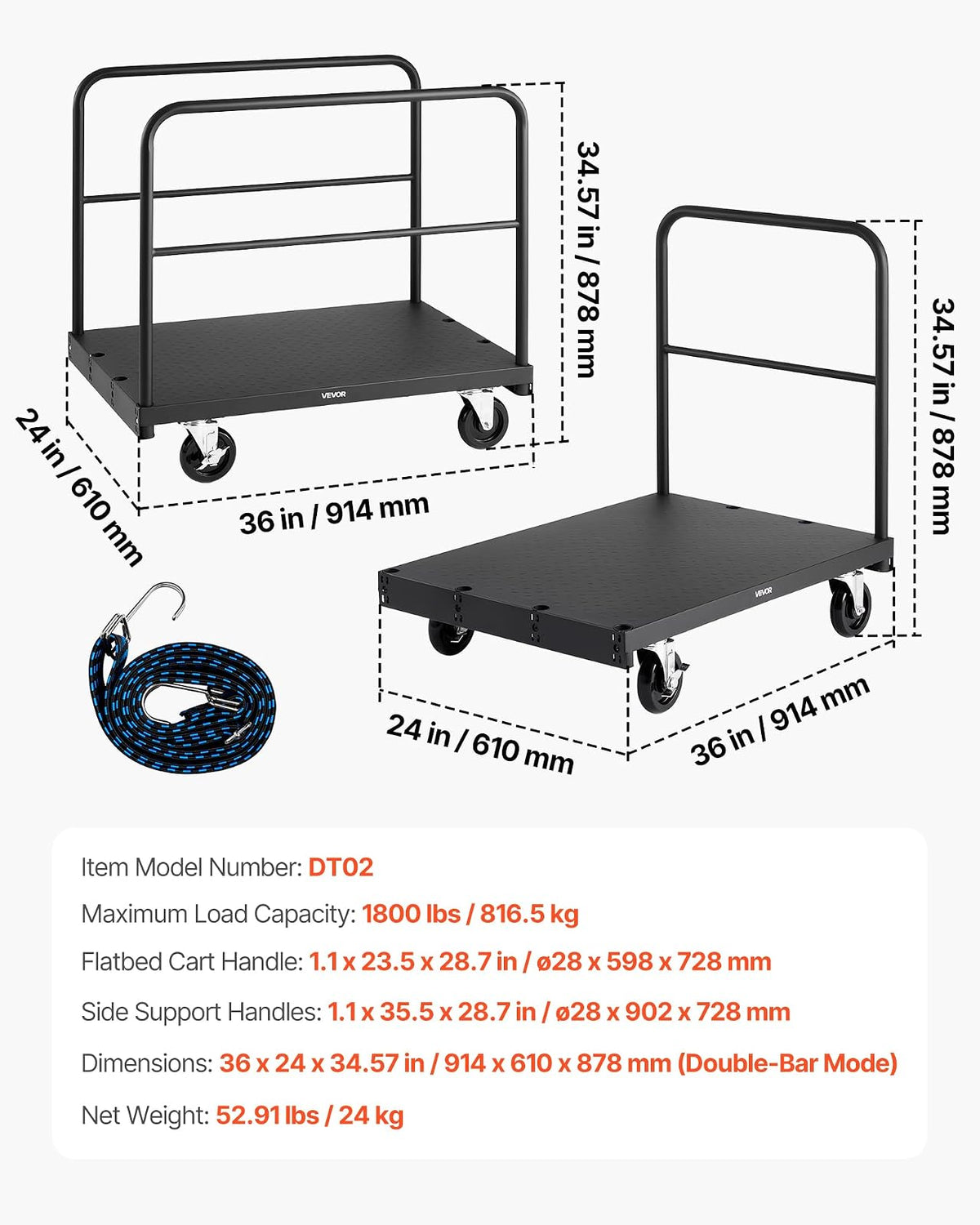 VEVOR Carro Portaplatos, Capacidad de Carga de 816 kg, 2 en 1 con Ruedas Giratorias de 360°, con 3 Pasamanos Laterales, Ayuda para Fábricas, Almacenes y Garajes, Color Negro, 914 x 610 x 878 mm