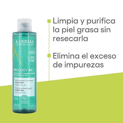 ADERMA, Biology AC Gel Limpiador Purificante con Ingredientes Naturales, Para Piel con Tendencia Acnéica, 200ml