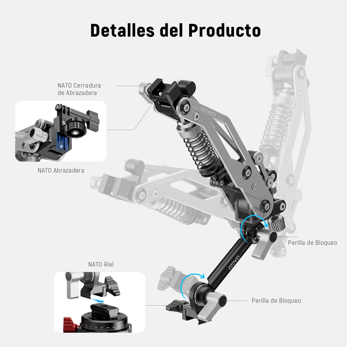 NEEWER GA022 Soporte Ventosa Al Vacío para Cámara Acción Automóvil con Brazo | Riel NATO, para DJI Osmo Pocket 3 4 Xtra Muse, Action 5 Pro 6, Insta360 Luna Ultra X5 X4, Adaptador Soporte GoPro Hero13