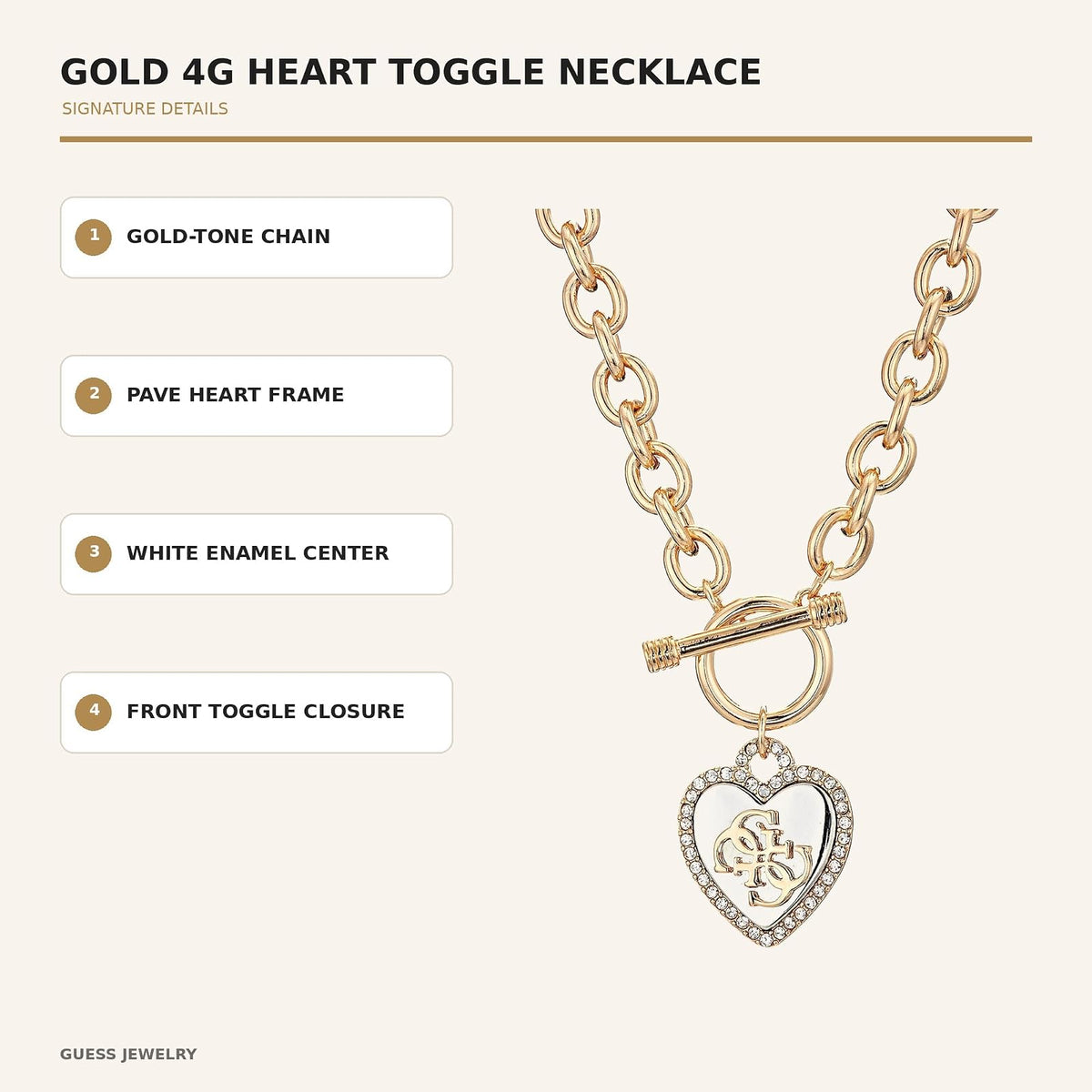 GUESS Womens Pave Framed Heart Toggle Necklace with 4 G Logo Silver/Gold/Crystal One Size