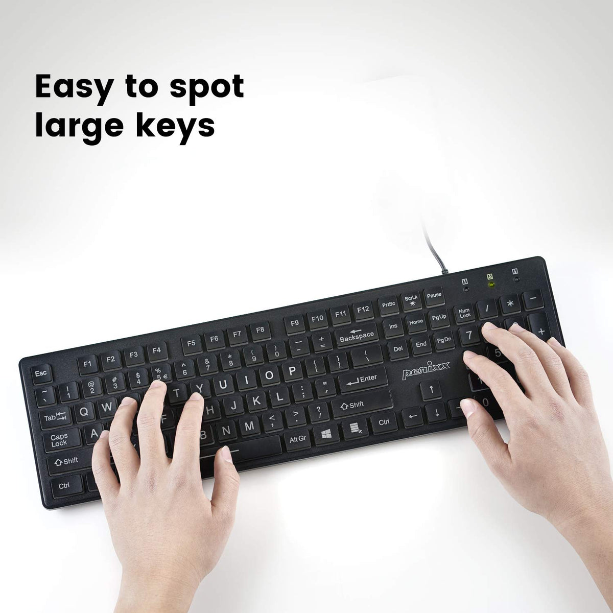 Perixx PERIBOARD-317 Teclado USB retroiluminado con Cable, Letra de impresión Grande con LED Blanco Iluminado, diseño inglés de EE. UU., Negro