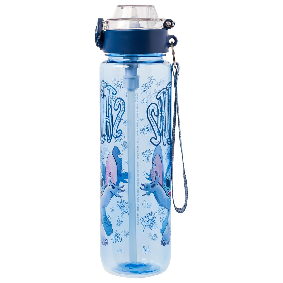 Silver Buffalo Disney Lilo and Stitch Botella de agua de plástico con tapa de bloqueo, correa y popote, 32 onzas
