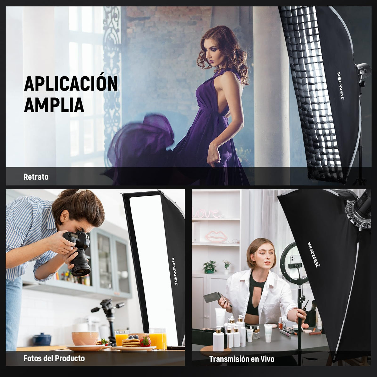 NEEWER 12"x47" Softbox Rectangular Plegable de Configuración Rápida, Bowens Mount con Difusor/Rejilla de Panal/Bolsa, Compatible con Godox Aputure 120d Luz Vídeo Q4 Flash Estroboscópico Estudio, NS17S