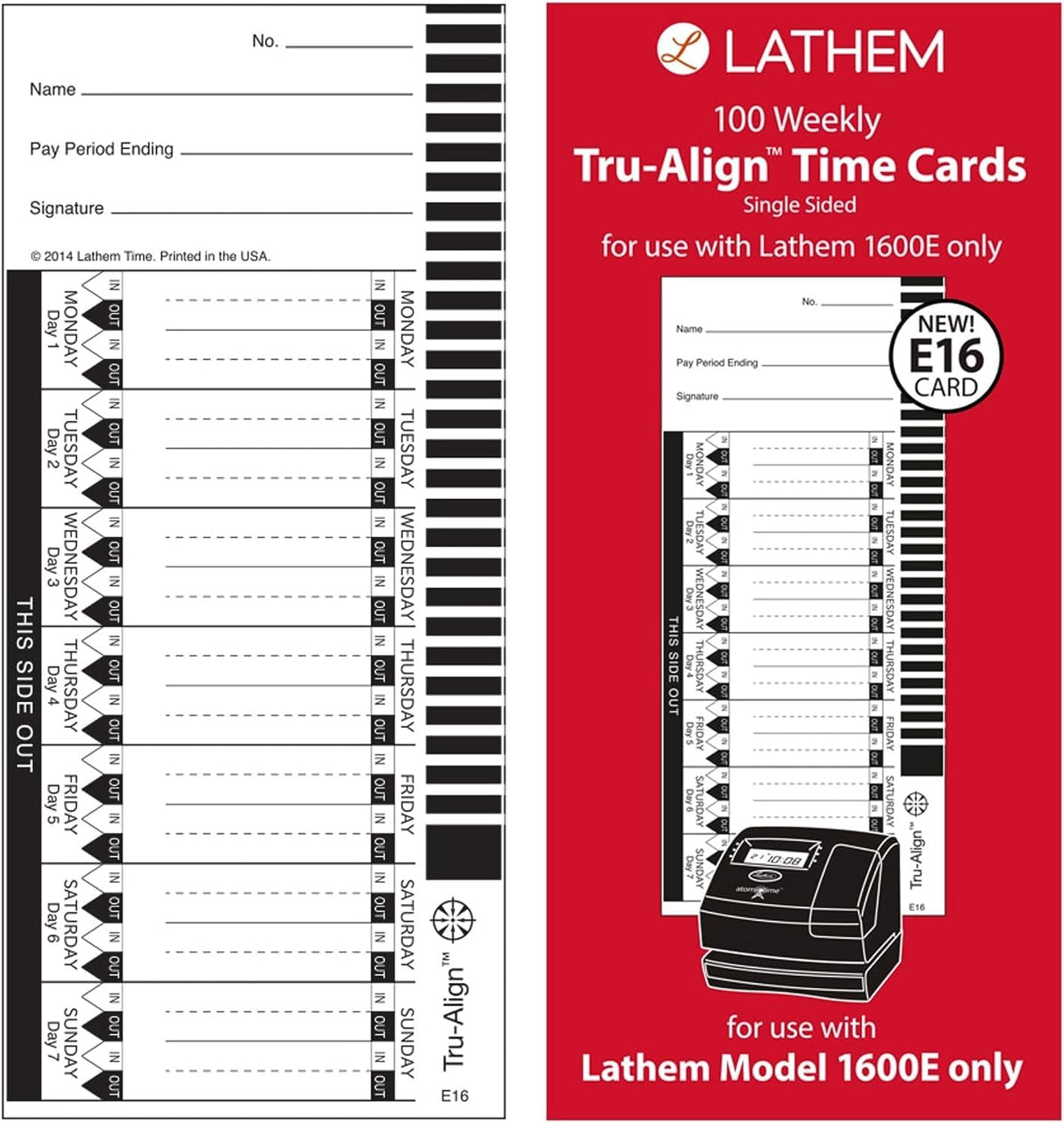 Lathem TruAlign E16 - Tarjetas de tiempo para 1600E, semanal, 1 cara, 4 x 9 pulgadas, blanco, caja de 100 (E16-100)