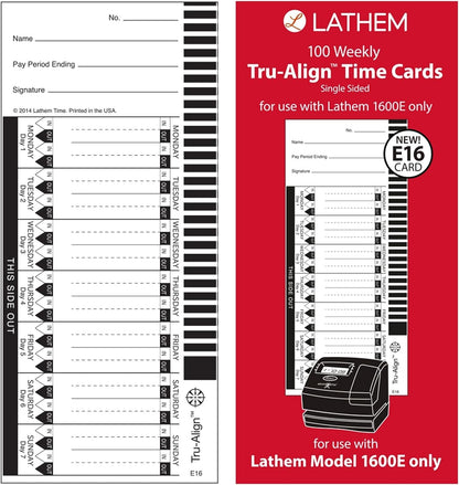 Lathem TruAlign E16 - Tarjetas de tiempo para 1600E, semanal, 1 cara, 4 x 9 pulgadas, blanco, caja de 100 (E16-100)