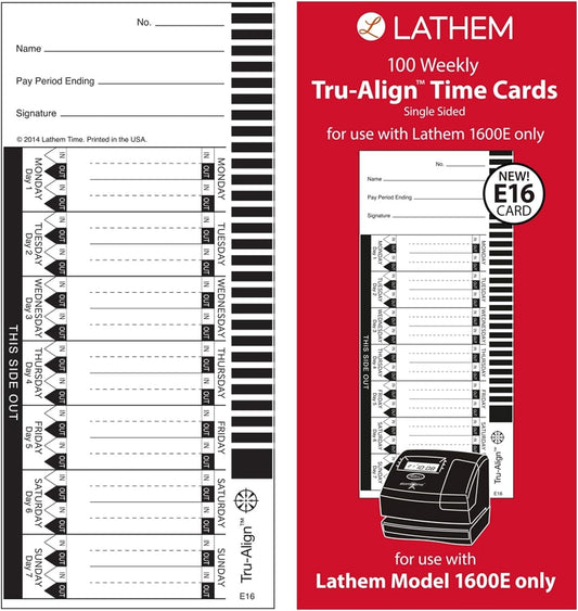 Lathem TruAlign E16 - Tarjetas de tiempo para 1600E, semanal, 1 cara, 4 x 9 pulgadas, blanco, caja de 100 (E16-100)