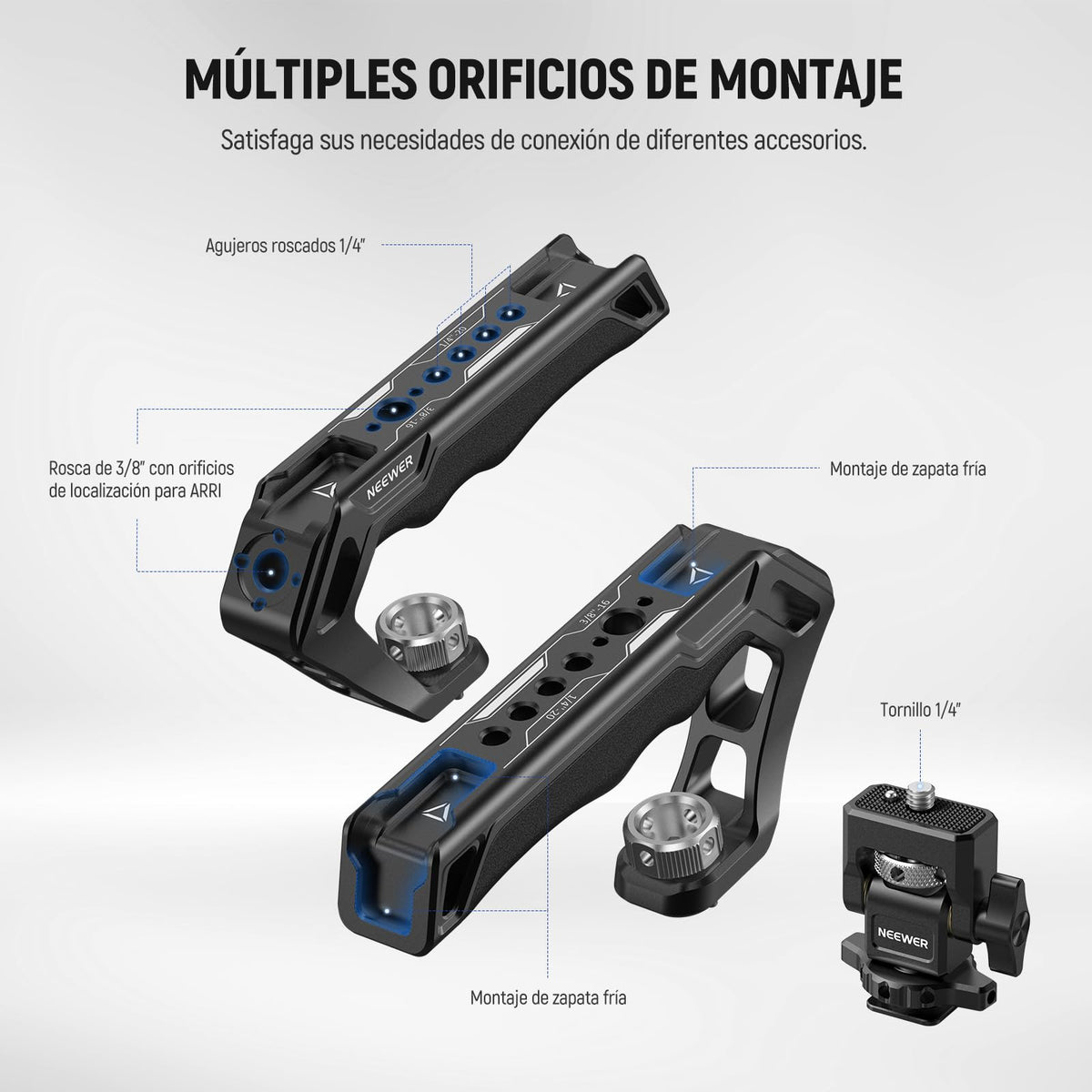 NEEWER Universal Jaula Cámara con Asa Superior & Montaje Monitor Zapata Fría, Arca Cámara Gimbal Estabilizador Video Rig, Manija Doble & 3/8" para ARRI Compatible con SmallRig Accesorio, CA016T+MA006