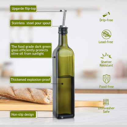 Aozita juego de botellas de aceite de oliva de vidrio – Aceite verde oscuro y vinagre cruet con vertedores, embudo y etiquetas – decantador de jarra de aceite de oliva para cocina, Verde oscuro, 482 gr