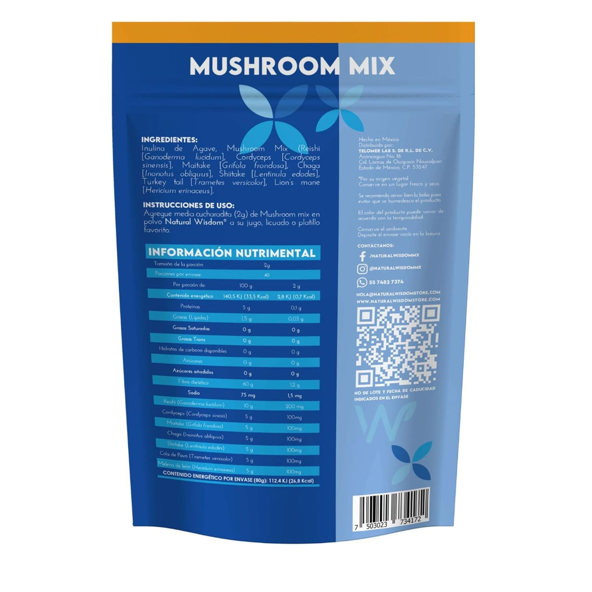 Mushroom Mix en Polvo 80g Concentración Estrés Energía | Con Hongo Melena de Leon hongo Reishi, Cordyceps, Chaga, Maitake, Shiitake y Cola de Pavo | Suplemento Natural Wisdom