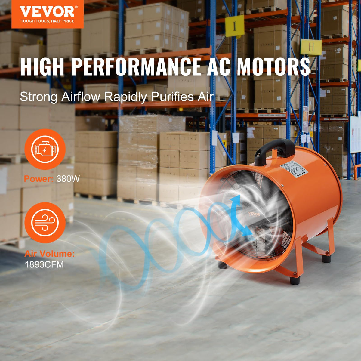 Ventilador portátil VEVOR, ventilador cilíndrico de alta resistencia de 10 pulgadas con manguera de 16.4 pies, potente extractor de taller de 380 W 1893FM, soplador industrial para aspirar
