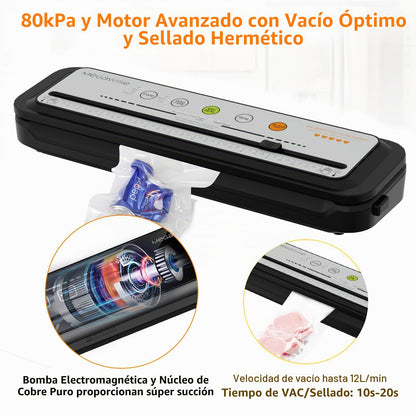 MEGAWISE Selladora al vacío con cortador, modos Dry y Moist, 10 bolsas | 80 kPa, VAC SEAL automático, VAC PULSE/STOP manual, ajustes Thin, Medium y Thick, manguera para recipientes compatible