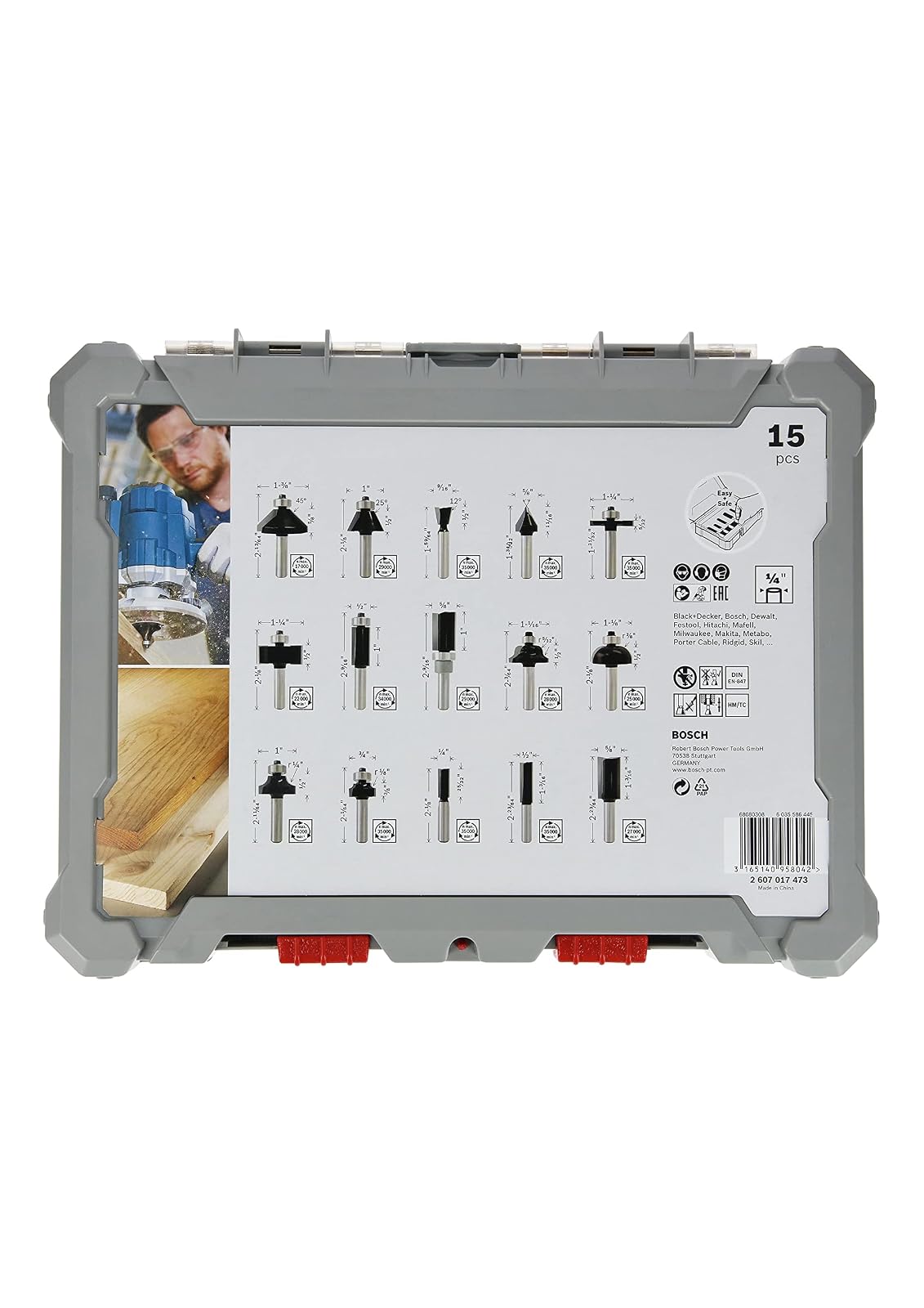 Bosch Juego de fresas mixto Standard vástago de 1/4" de 15 pzs | Para madera resinosa, madera dura, profesional accesorio de trituradoras de inmersión, fresa de araser