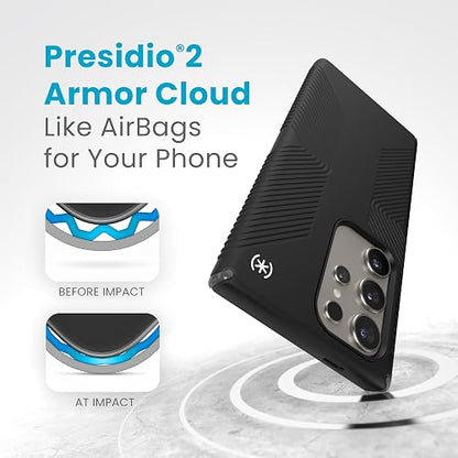 Speck Presidio 2 Grip - Funda para Samsung Galaxy S24 Ultra, protección contra caídas y cámaras, agarre seguro suave al tacto, compatible con carga inalámbrica, absorbente de golpes, funda para Galaxy