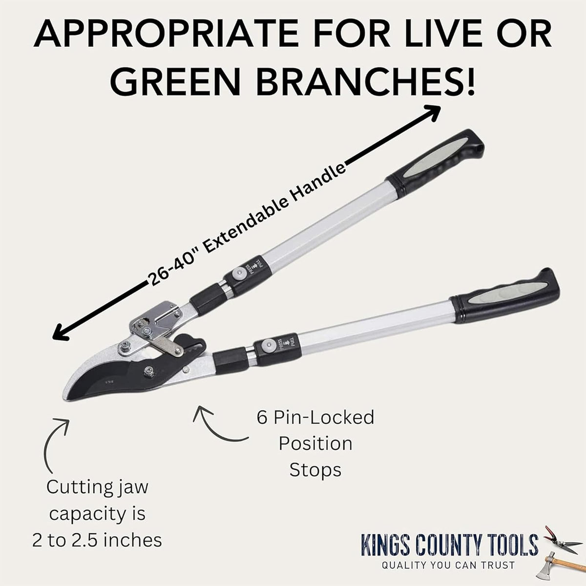 Kings County Tools - Lopper de derivación de doble carraca | Corta madera verde | Asas extensibles de 26 a 40 pulgadas de largo | Ramas de árbol o arbusto | 6 topes de posición con pasador