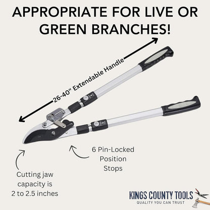 Kings County Tools - Lopper de derivación de doble carraca | Corta madera verde | Asas extensibles de 26 a 40 pulgadas de largo | Ramas de árbol o arbusto | 6 topes de posición con pasador