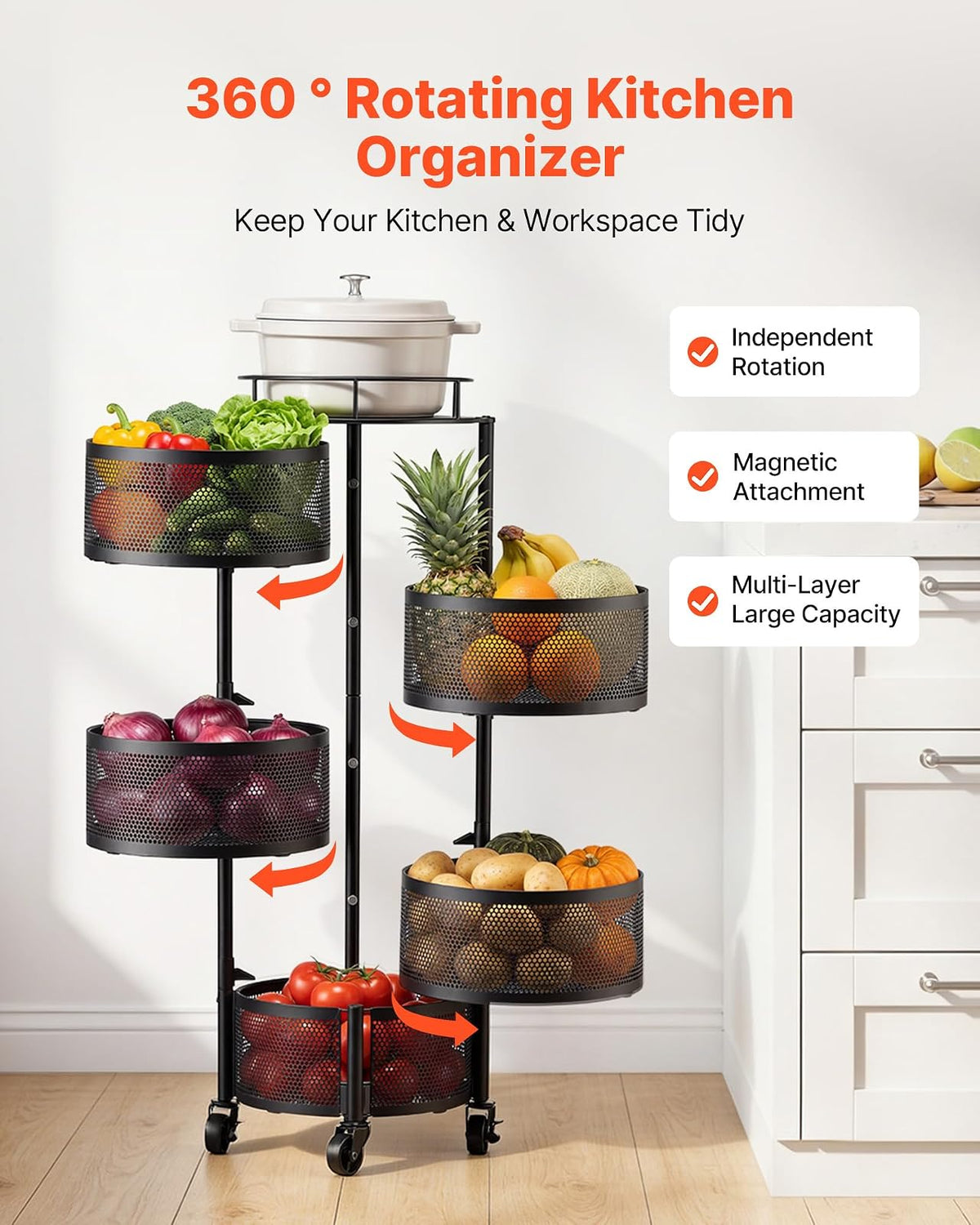 VEVOR Carro de Cocina de 5 Niveles, Carrito Auxiliar con Cestas de Alambre Giratorias para Frutas y Verduras, Carrito con Ruedas con Tapa Metálica, para Cocina, Baño, 340 x 315 x 942 mm, Negro