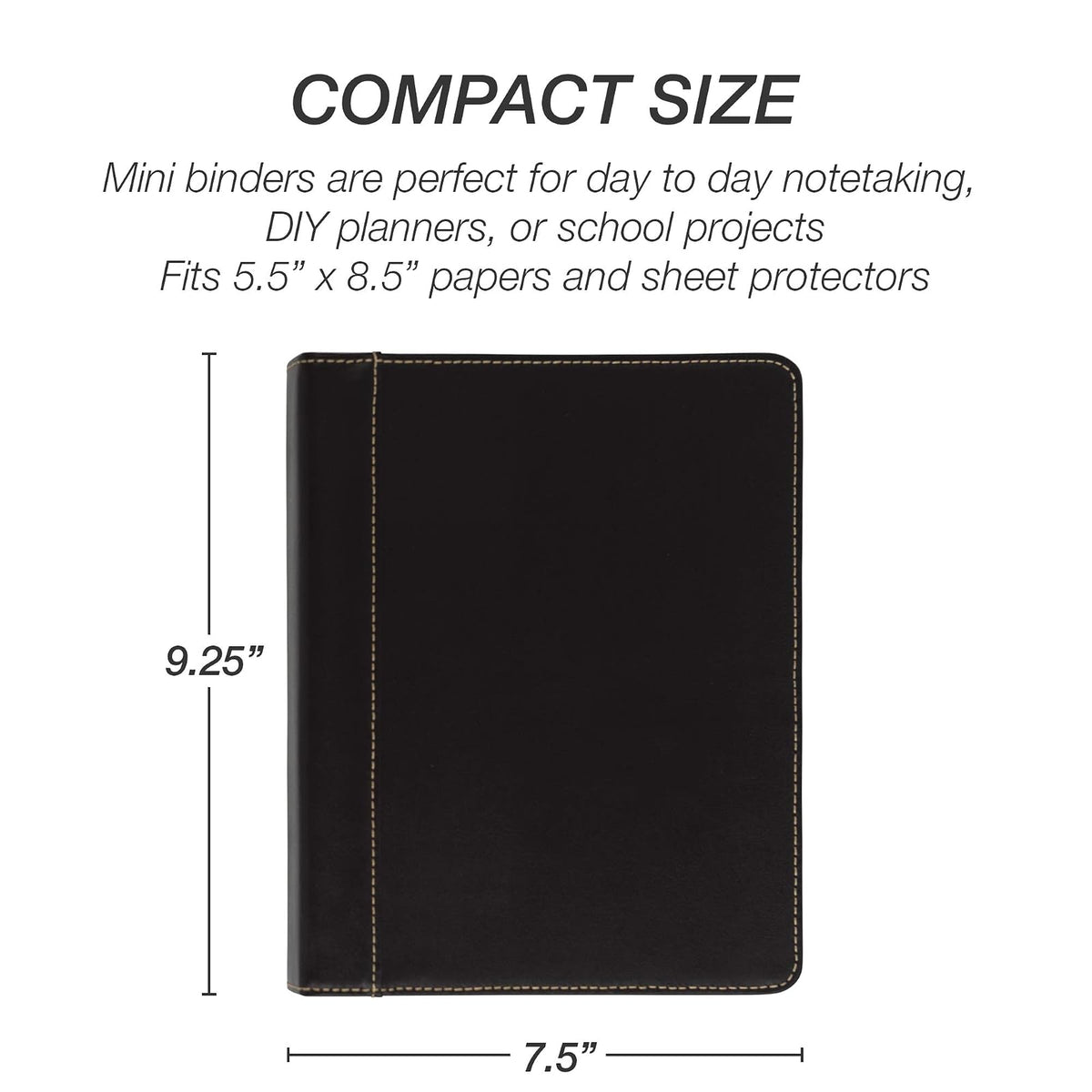 Samsill Carpeta de 3 anillas tamaño junior de 1 pulgada, piel, negro con costuras en contraste, capacidad para papel de 8.5 x 5.5 pulgadas, 3 anillos, carpeta de cuadernos, organizador de portafolios,