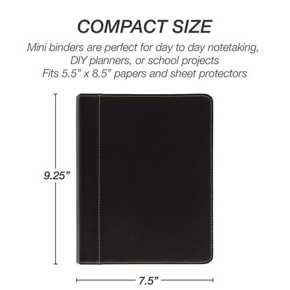 Samsill Carpeta de 3 anillas tamaño junior de 1 pulgada, piel, negro con costuras en contraste, capacidad para papel de 8.5 x 5.5 pulgadas, 3 anillos, carpeta de cuadernos, organizador de portafolios,