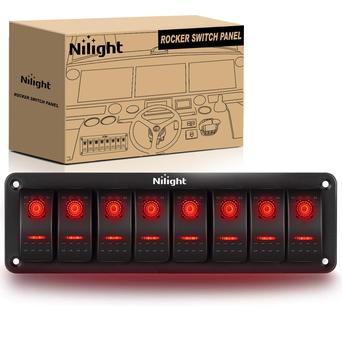 Nilight Panel de interruptor basculante de 8 bandas, interruptor de palanca de 5 pines, soporte de aluminio, 12 V, 24 V, tablero precableado, interruptores retroiluminados rojos para automóviles, barcos marinos, caravanas, camiones, 2 años de garantía - R