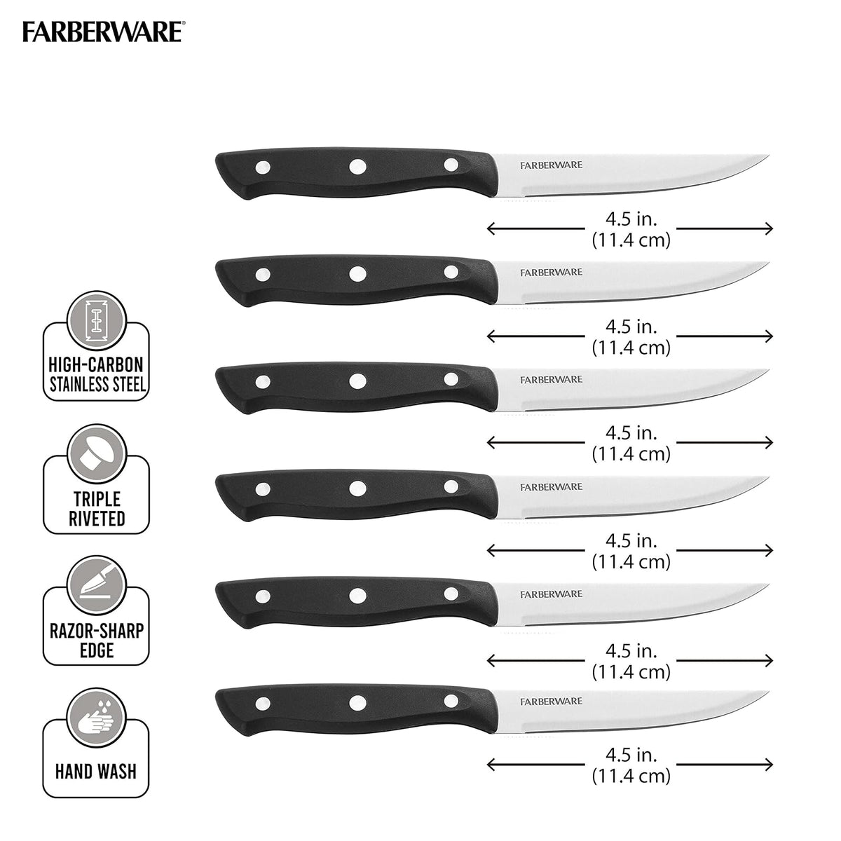 Farberware Juego de Cuchillos de Carne 6 Pzs | Acero inoxidable alto carbono, negro, 4.5 in, triple remachado, borde fino