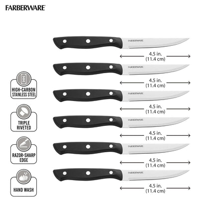 Farberware Juego de Cuchillos de Carne 6 Pzs | Acero inoxidable alto carbono, negro, 4.5 in, triple remachado, borde fino